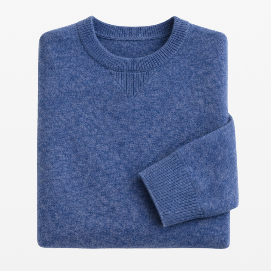 Jersey classic de cuello redondo para hombre de la marca LAMINI en color azul tejido en lana de baby alpaca 100% doblado