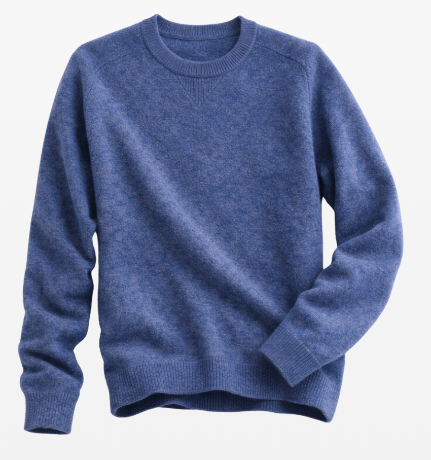 Jersey classic de cuello redondo para hombre de la marca LAMINI en color azul tejido en lana de baby alpaca 100% extendido
