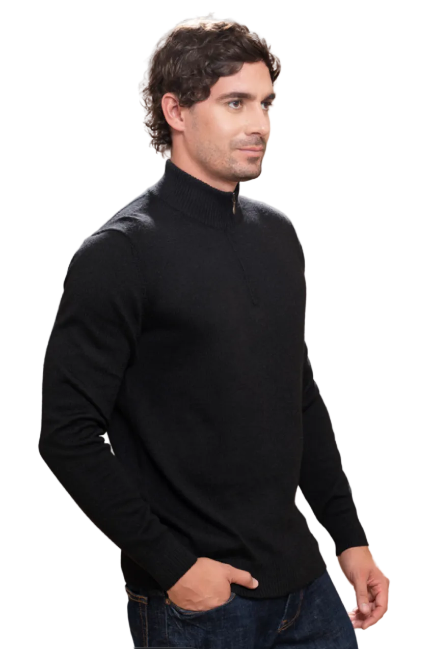 Hombre con jersey zip de hombre tejido en lana baby alpaca 100% de la marca LAMINI en color negro
