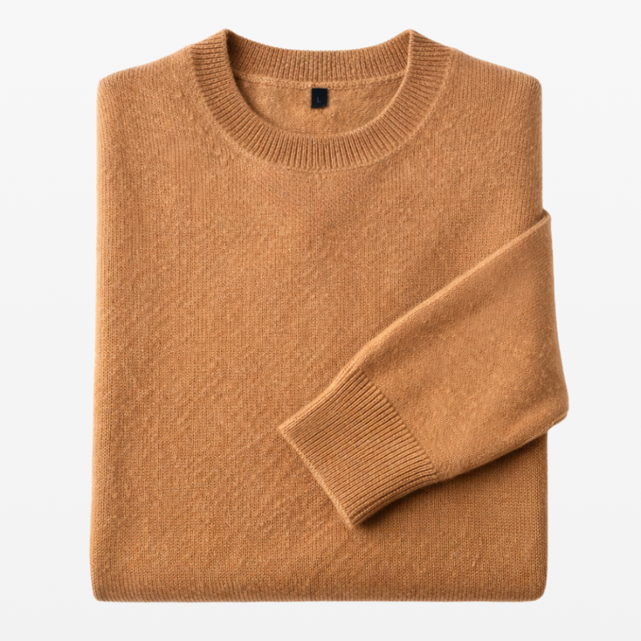 Jersey classic cuello redondo de mujer tejido en lana baby alpaca 100% color canela de la marca LAMINI doblado